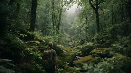 Solitary hiker woman exploring lush, misty forest trail – adventure, nature, and peaceful escape.
