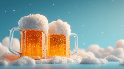 Two frosty beer mugs overflowing with foamy head sit amidst a whical landscape of fluffy white clouds.