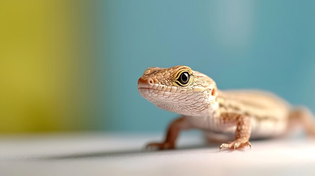 A small gecko lizard with detailed scales and curious eyes on a blurred background - Powered by Adobe