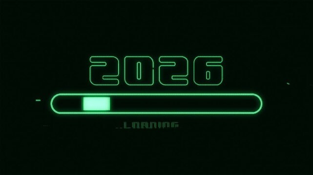 2026 logotype in retro-Futuristic pixelate Monitor synthwave style. Retro CCTV or VHS pixel Wireframe. Abstract digital background. 80s, 90s Retro futurism, Retro wave cyberpunk loading new year 2026