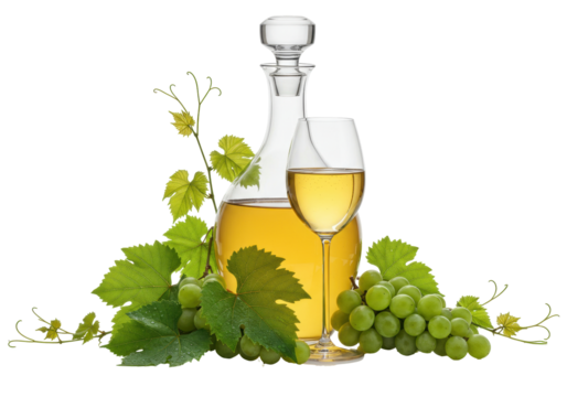 Isolated Golden wine in glass and decanter with grapes, still life shot on a plain background
