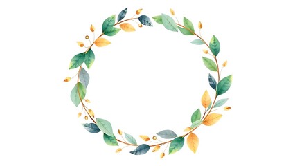 Obraz premium A circular wreath of watercolor leaves with gold accents, exuding artistic charm and harmony.