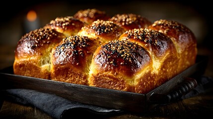 Delicious golden challah bread topped with sesame seeds sits on a dark rustic wooden tray on black cloth.