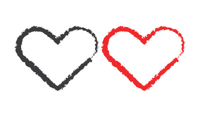 Two hand drawn heart shapes one black one red isolated on white