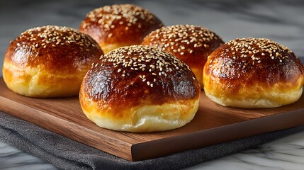 Delicious homemade brioche burger buns with sesame seeds displayed on a dark wooden serving board surface.