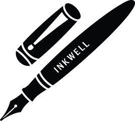  Classic fountain pen with inkwell text, black silhouette illustration, vintage writing instrument, elegant stationery design, calligraphy art tool, isolated vector image