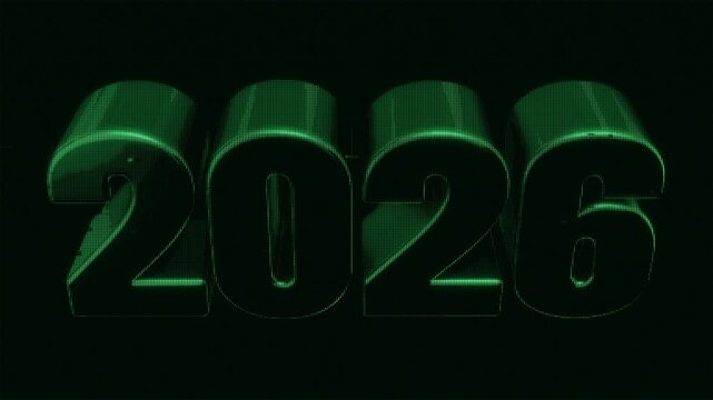 2026 logotype in retro-Futuristic pixelate Monitor synthwave style. Retro CCTV or VHS pixel Wireframe. Abstract digital background. 80s, 90s Retro futurism, Retro wave cyberpunk grid matrix style.