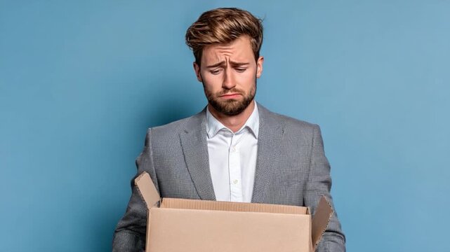 Dismissal Distress: A dejected individual, carrying a box, symbolizes the emotional turmoil and uncertainty following job loss, his face reflecting sorrow.