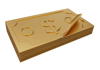 Isolated stack of golden dollar banknotes with corner peeling back for revealed wealth