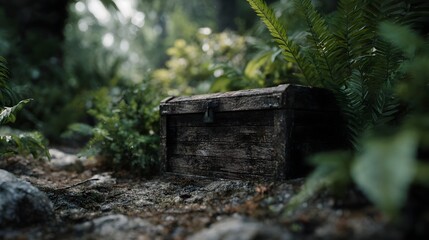 An old weathered wooden treasure chest sits partially hidden on the mossy ground of a dense green forest