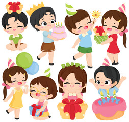 Cute cartoon child birthday party illustration with boy girl cake candle gift balloon hat crown and festive celebration element in cheerful colorful design for happy event