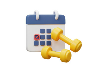 Isolated calendar with day crossed out, with yellow dumbbells, fitness and goals planning
