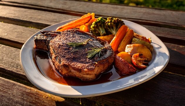 prime rib photographed outdoors during golden hour served with roasted root vegetables and au jus on the side