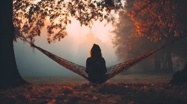 Serene woman relaxing in a hammock amidst autumn forest at golden hour sunlight.
