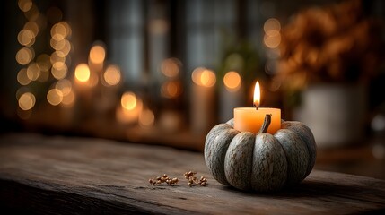 A warm candle sits atop a decorative autumn gourd on a rustic wood table with soft blurred bokeh lights.