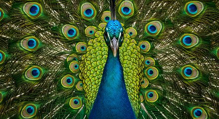 Obraz premium Majestic Peacock Displaying Iridescent Train Feathers Close Up