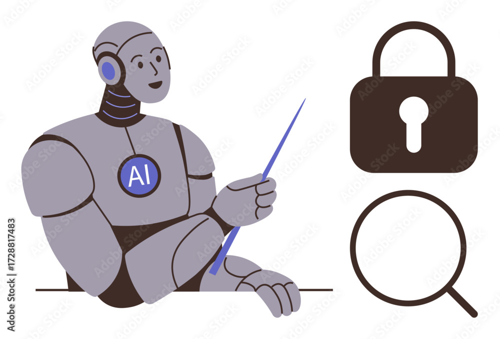 Poster ai robot holding a pointer while next to magnifying glass and padlock. ideal for technology, artific
