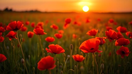 Fototapeta premium Vibrant red poppies glowing under the golden light of a sunset.
