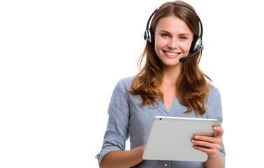 handsome, smiling female customer service agent wearing a headset and holding a tablet