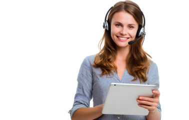 handsome, smiling female customer service agent wearing a headset and holding a tablet