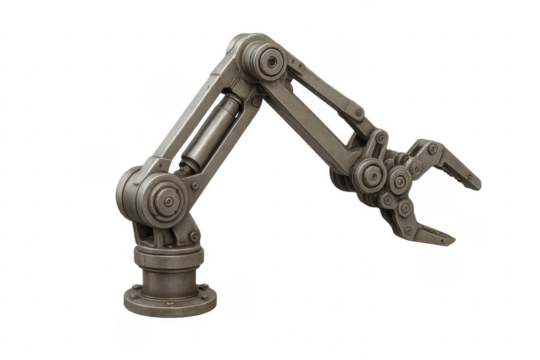Industrial robotic arm representing automation technology on transparent background