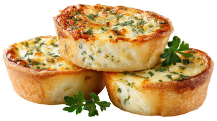 Three savory mini quiches piled together isolated on transparent background