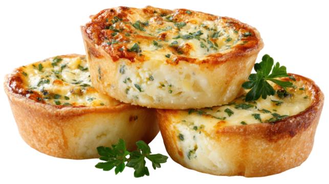 Three savory mini quiches piled together isolated on transparent background