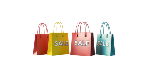 Colorful shopping bags displaying sale signs on black background
