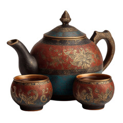 Decorative Arabic teapot with two small cups placed together isolated on transparent background for cultural design