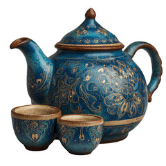 Decorative Arabic teapot with two small cups placed together isolated on transparent background for cultural design