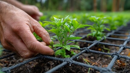 A farmer carefully tends to small seedlings in neat rows covered by netting in a farm garden setting.