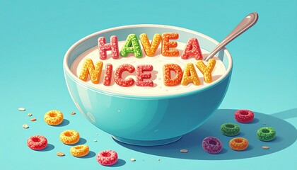 Cereal text message" have a nice day" in a blue color bowl filled with milk  