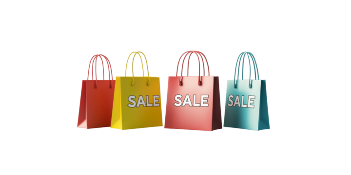Colorful shopping bags displaying sale signs on black background