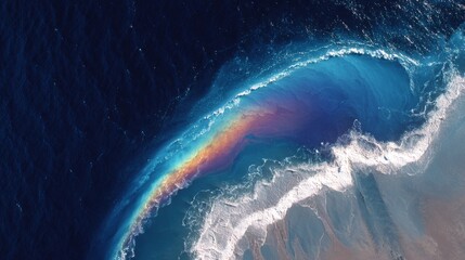 Rainbow sheen on water from aerial oil spill view