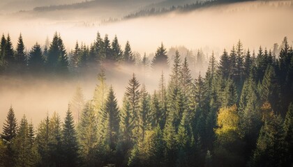misty landscape with a retro style fir forest and soft diffused light