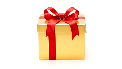 Obraz premium A luxurious gold gift box with a red ribbon, elegantly presented on a clean white background.