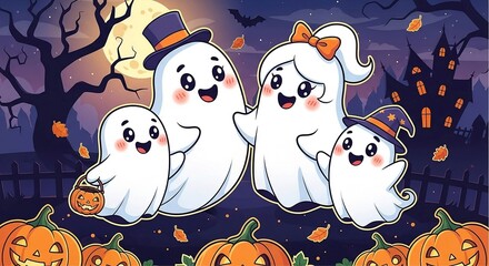 Cute Cartoon Ghost Family Halloween Illustration with Full Moon and Pumpkins