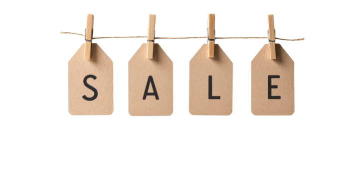 Hanging sale tags on rope signifying discount promotion