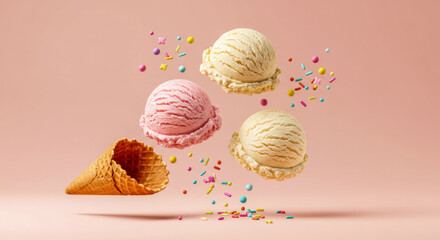 Floating Ice Cream Scoops, Waffle Cone, and Sprinkles on Pink Background