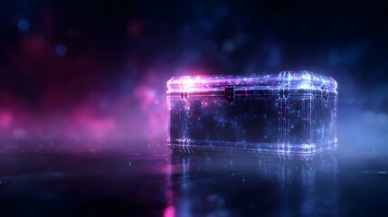 A futuristic holographic treasure chest glows with starry digital energy against a blurred neon background