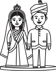 Vector line art of bride and groom in traditional wedding attire. EPS-ready for culture, celebration, and couple themes. Perfect for editorial and festive design use.