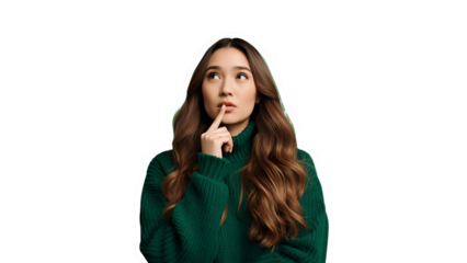 Woman looks upward with a distant, imaginative gaze.