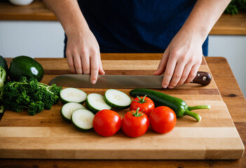 Hands slicing fresh vegetables on wooden chopping block