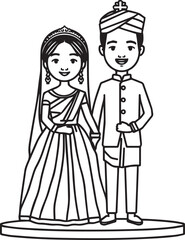 Vector line art of bride and groom in traditional wedding attire. EPS-ready for culture, celebration, and couple themes. Perfect for editorial and festive design use.