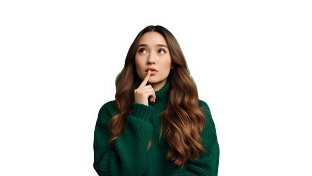 Woman looks upward with a distant, imaginative gaze.