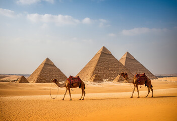 Photo Pyramids of Giza with camels, desert sands, historical Grandeur