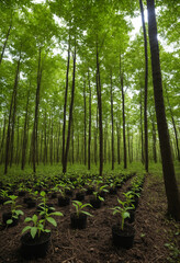 Photo Reforestation effort with planted seedlings, green canopy, hopeful growth