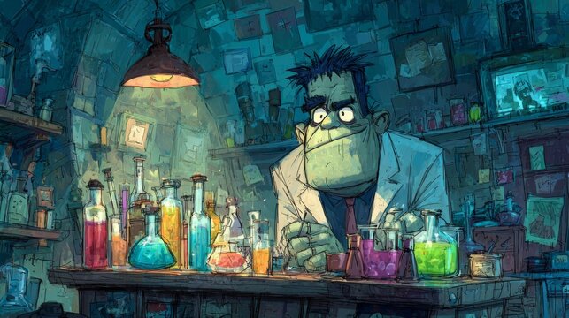 Bubbly potions in cartoon mad scientist laboratory