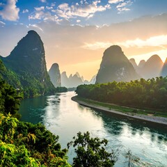 Scenic river valley at sunrise