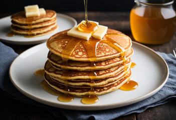 Stack of whole-grain pancakes drizzled with honey